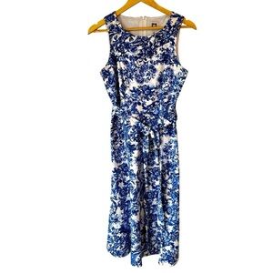 Anne Klein Linen Floral Blue and White Spring Summer Sleeveless Tank Dress, 8